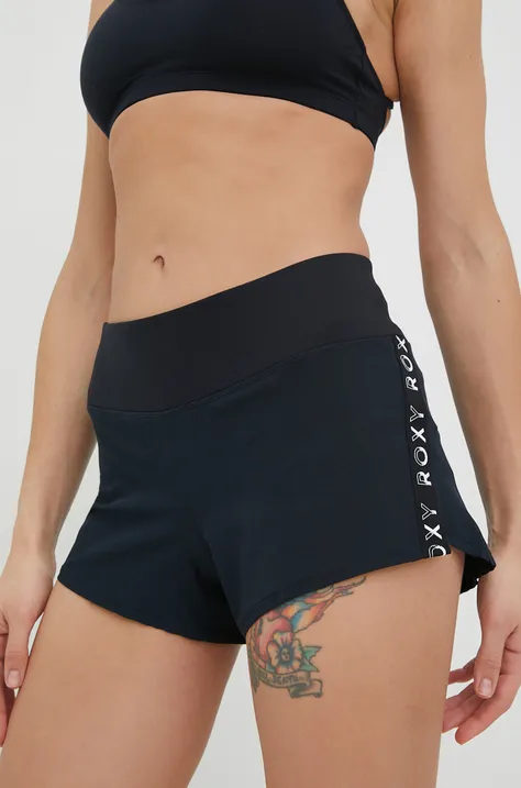 Kratke hlače za trčanje Roxy Bold Moves za žene, boja: crna, s aplikacijom, srednje visoki struk