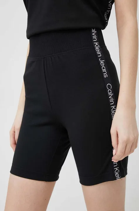 Calvin Klein Jeans pantaloni scurti femei, culoarea negru, cu imprimeu, high waist