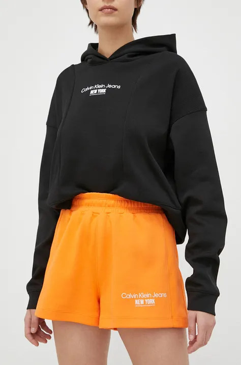 Calvin Klein Jeans szorty damskie kolor pomarańczowy z aplikacją high waist