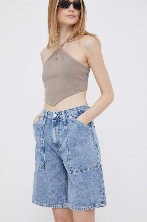 Calvin Klein Jeans szorty jeansowe damskie kolor niebieski gładkie high waist