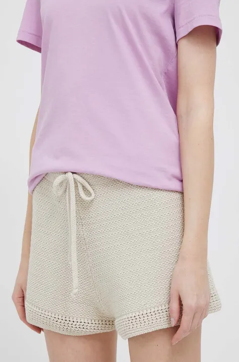 Pamučne kratke hlače Sisley boja: bež, glatki materijal, visoki struk