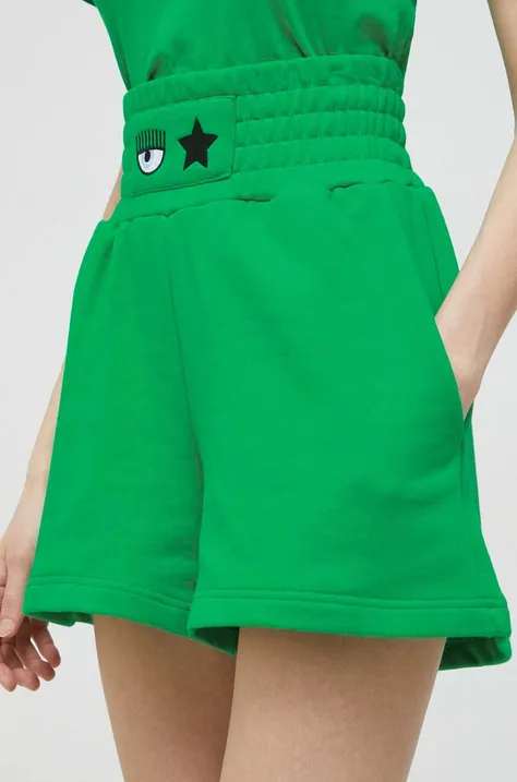 Chiara Ferragni pamut rövidnadrág zöld, sima, magas derekú