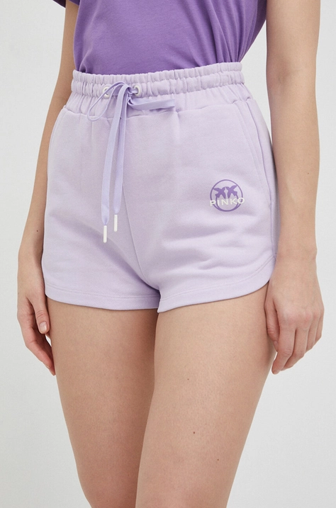 Pinko pantaloni scurti din bumbac culoarea violet, cu imprimeu, high waist