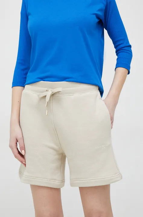 Tommy Hilfiger pantaloni scurți femei, culoarea bej, uni, high waist WW0WW38348