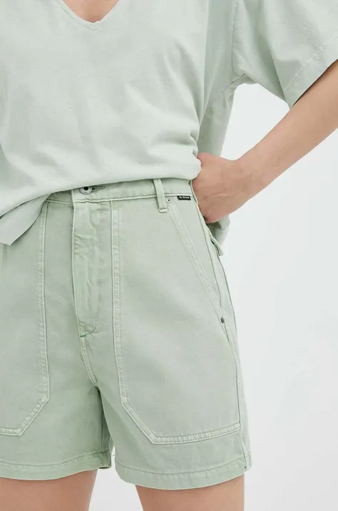 Дънкови къси панталони G-Star Raw в зелено с изчистен дизайн с висока талия