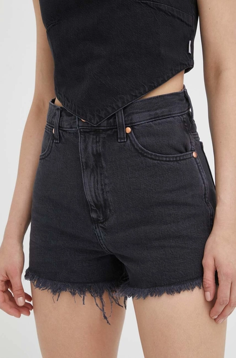 Wrangler szorty jeansowe damskie kolor czarny gładkie high waist