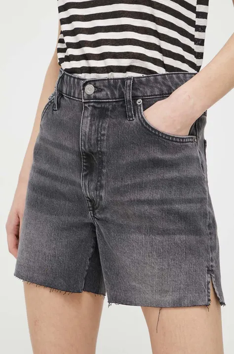 Rifľové krátke nohavice Superdry dámske, šedá farba, jednofarebné, vysoký pás