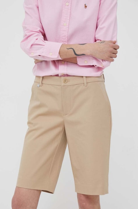 Lauren Ralph Lauren pantaloni scurti femei, culoarea bej, neted, medium waist