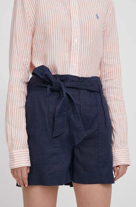 Lanene kratke hlače Lauren Ralph Lauren boja: tamno plava, bez uzorka, visoki struk