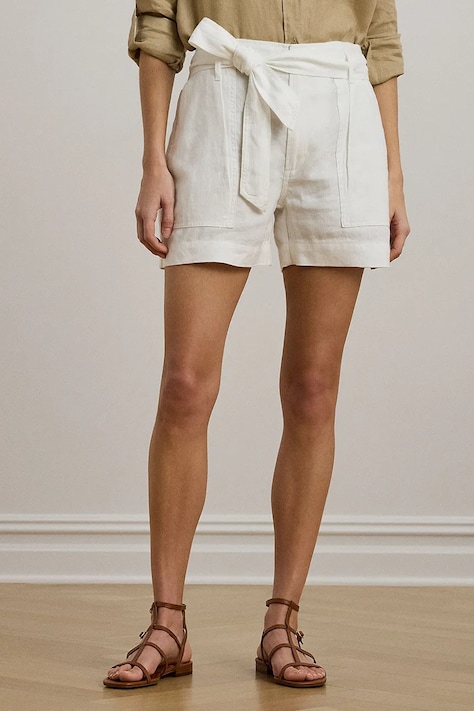Lauren Ralph pantaloni scurți din in culoarea alb, uni, high waist 200862093