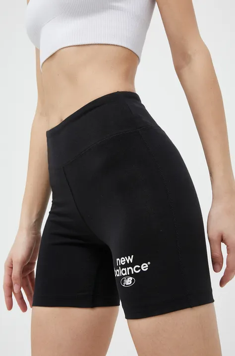 New Balance pantaloni scurți femei, culoarea negru, cu imprimeu, high waist WS31504BK-4BK