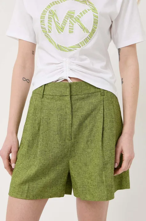 Ленен къс панталон MICHAEL Michael Kors в зелено с десен с висока талия