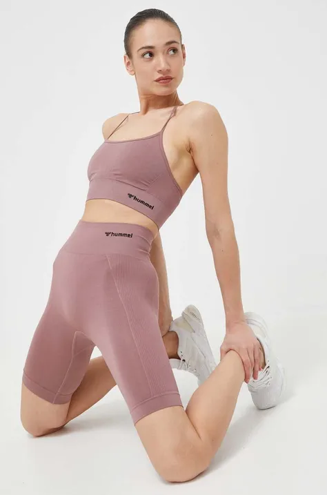 Hummel pantaloni scurți de antrenament Tif culoarea roz, neted, high waist