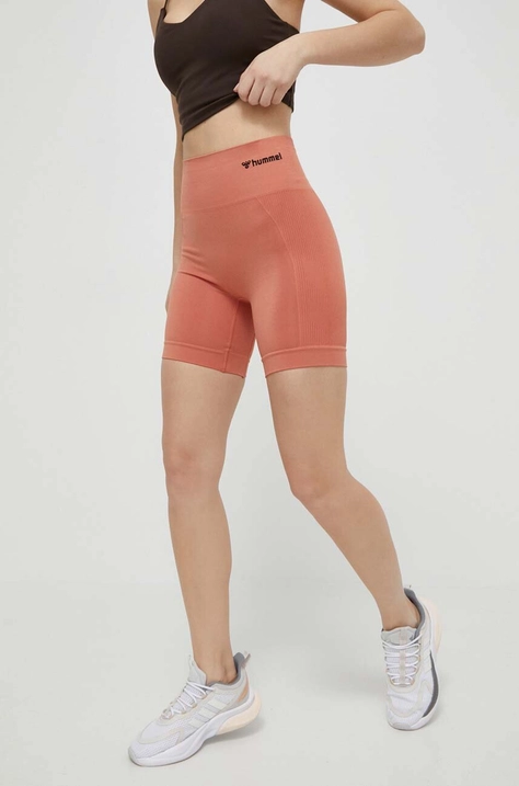 Hummel szorty treningowe hmlTIF SEAMLESS SHORTS kolor pomarańczowy gładkie high waist 214151