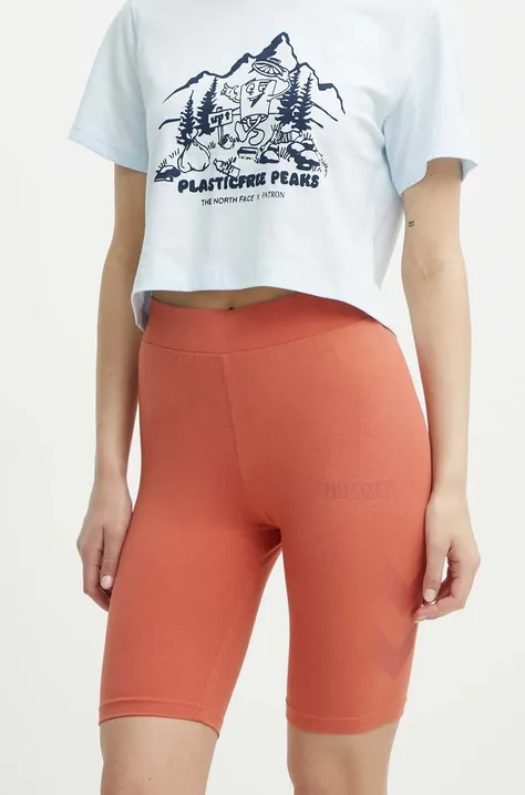 Hummel pantaloni scurti femei, culoarea portocaliu, cu imprimeu, medium waist