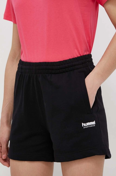 Hummel pantaloni scurti din bumbac culoarea negru, neted, medium waist