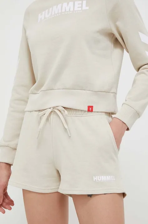 Bavlněné šortky Hummel hmlLEGACY WOMAN SHORTS béžová barva, hladké, medium waist, 219478