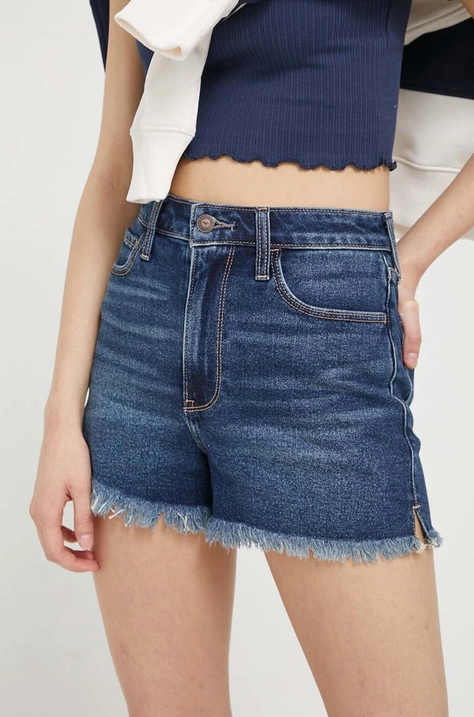 Hollister Co. szorty jeansowe damskie kolor granatowy gładkie high waist