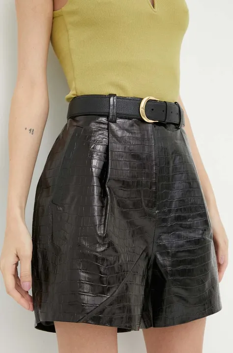 Kožne kratke hlače 2NDDAY za žene, boja: crna, glatki materijal, visoki struk