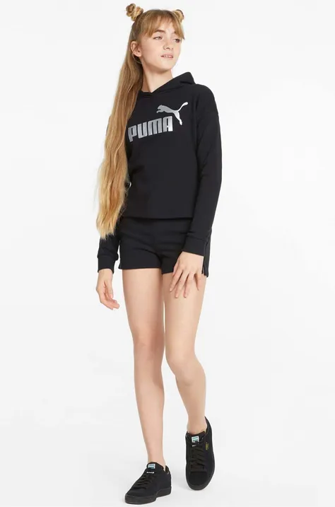 Puma gyerek rövidnadrág ESS+ Shorts TR G fekete, nyomott mintás, állítható derekú