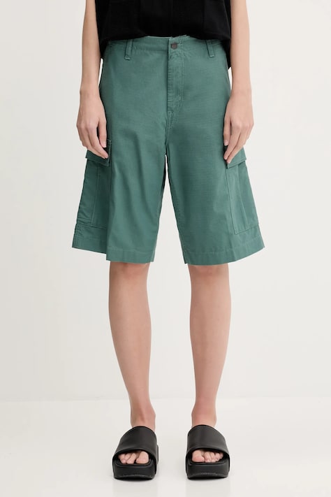 Памучен къс панталон Carhartt WIP Regular Cargo Short в зелено с изчистен дизайн I028246