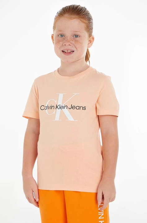 Dětské bavlněné tričko Calvin Klein Jeans oranžová barva, s potiskem