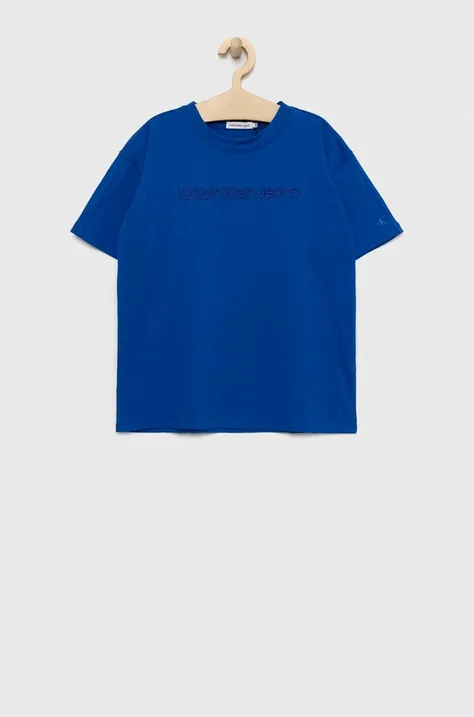 Calvin Klein Jeans t-shirt dziecięcy kolor niebieski z aplikacją