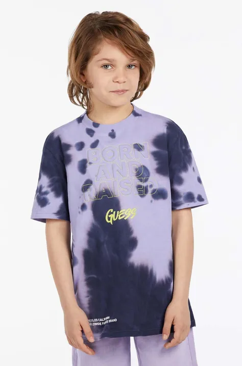 Guess t-shirt bawełniany dziecięcy kolor fioletowy wzorzysty