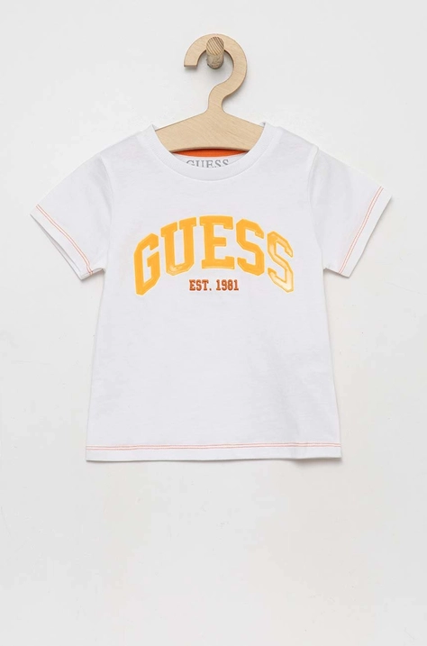 Παιδικό βαμβακερό μπλουζάκι Guess χρώμα: άσπρο