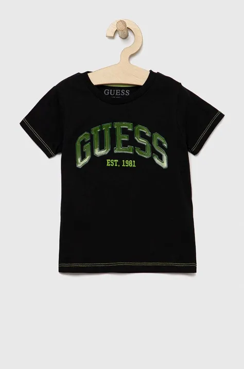Παιδικό βαμβακερό μπλουζάκι Guess χρώμα: μαύρο