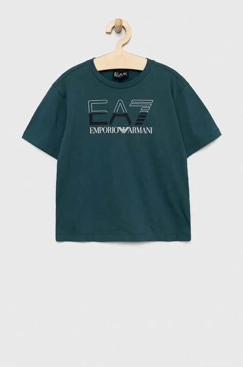 Детска памучна тениска EA7 Emporio Armani в зелено с принт