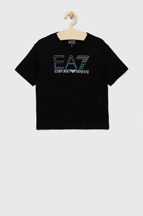 Detské bavlnené tričko EA7 Emporio Armani čierna farba, s potlačou