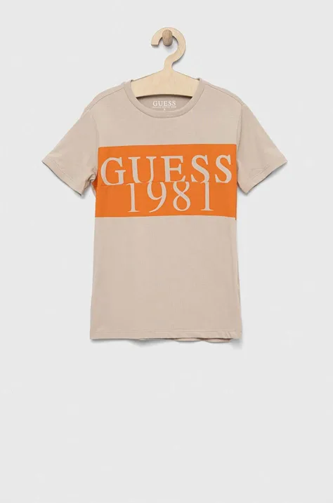 Παιδικό βαμβακερό μπλουζάκι Guess χρώμα: μπεζ