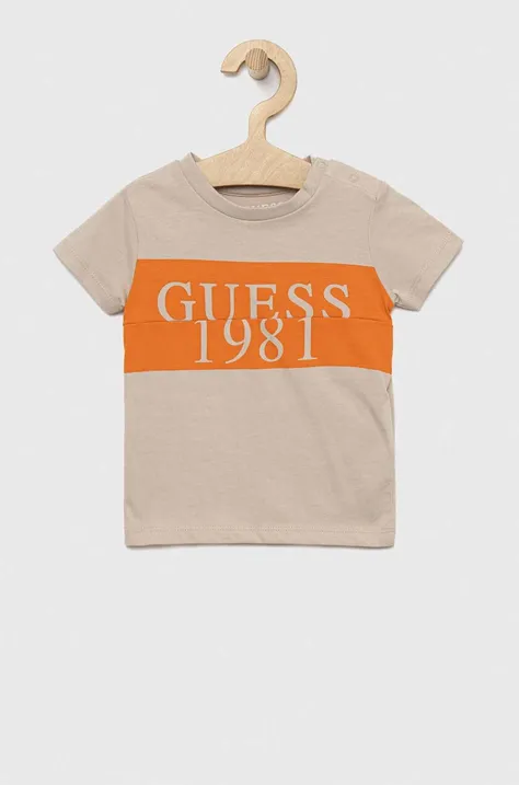 Detské bavlnené tričko Guess béžová farba, s potlačou
