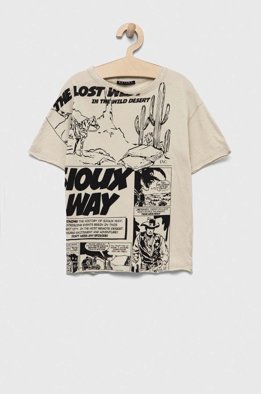 Sisley t-shirt bawełniany dziecięcy kolor beżowy z nadrukiem