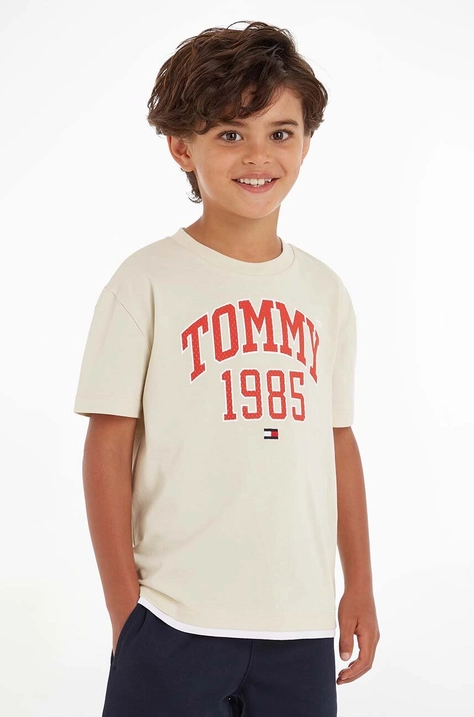 Tommy Hilfiger tricou de bumbac pentru copii culoarea bej, cu imprimeu