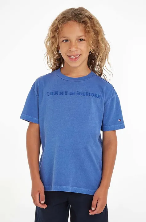 Детская хлопковая футболка Tommy Hilfiger цвет синий с аппликацией