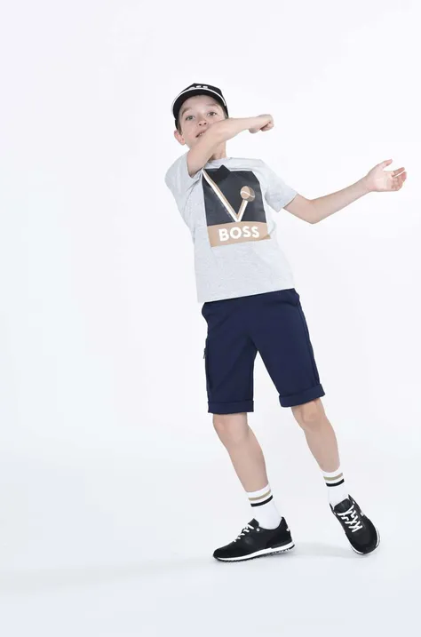 Детская хлопковая футболка BOSS цвет серый с принтом