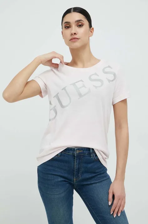 Bombažna kratka majica Guess roza barva