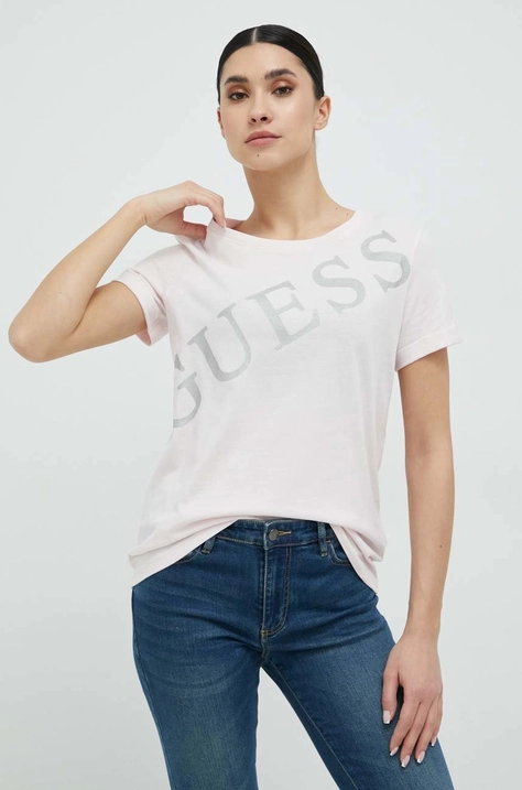 Памучна тениска Guess в розово