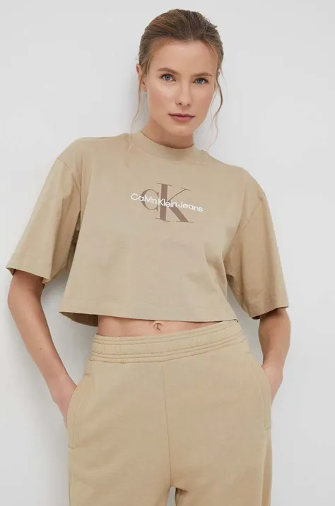 Calvin Klein Jeans t-shirt bawełniany kolor beżowy