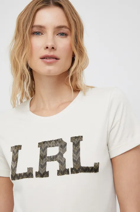 Bombažna kratka majica Lauren Ralph Lauren bež barva