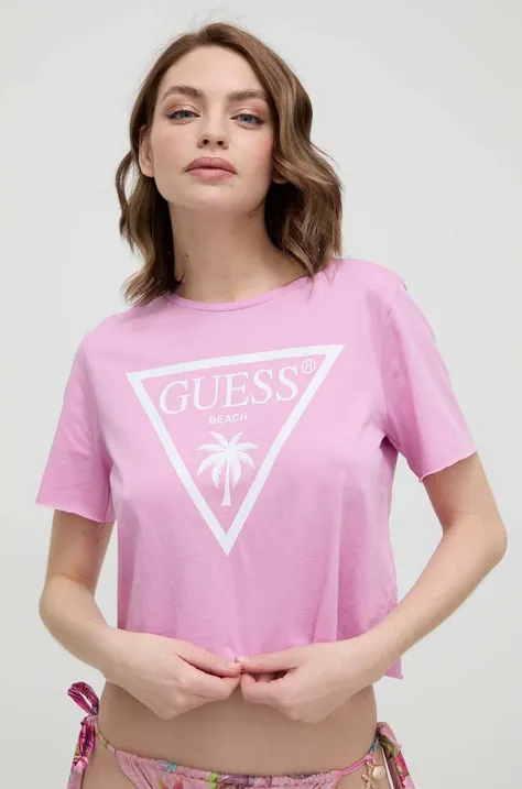 Bombažna kratka majica Guess vijolična barva
