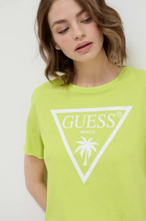 Bombažna kratka majica Guess zelena barva
