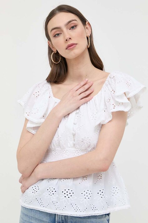 Guess bluza din bumbac femei, culoarea alb, neted