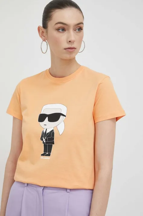 Karl Lagerfeld tricou din bumbac femei, culoarea portocaliu