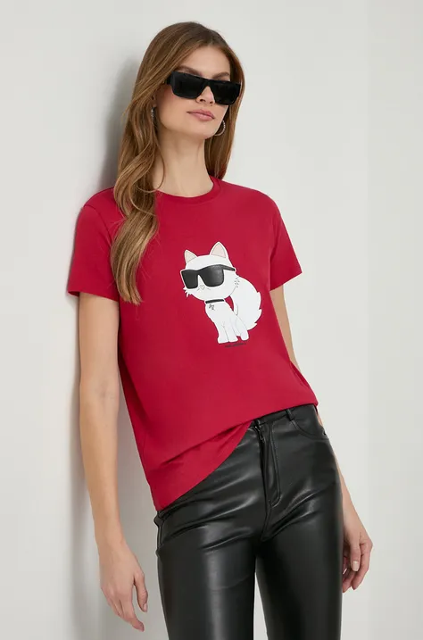Bombažna kratka majica Karl Lagerfeld ženski, rdeča barva