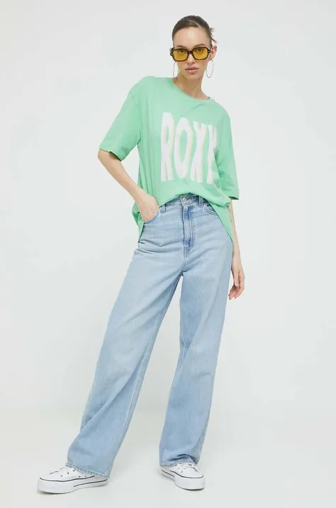 Bombažna kratka majica Roxy zelena barva