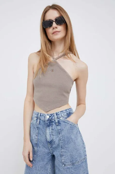 Calvin Klein Jeans top bawełniany kolor brązowy cold shoulder