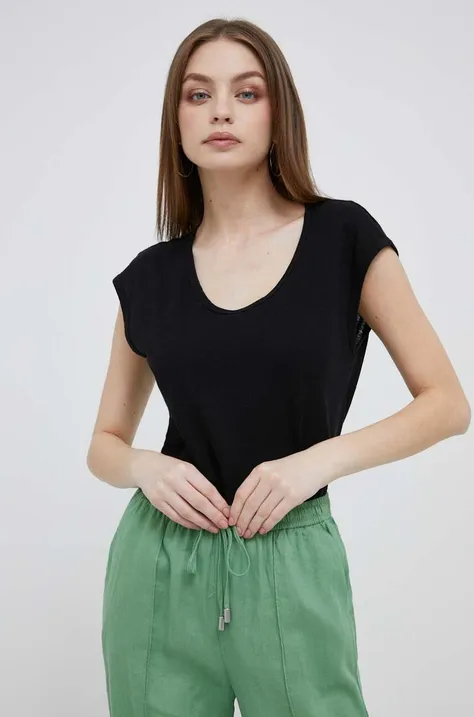 Kratka majica s primesjo lanu United Colors of Benetton črna barva